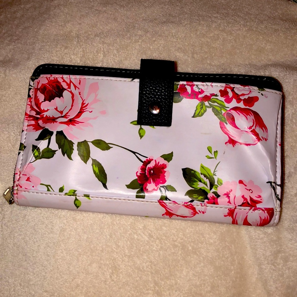 White with Pink Roses Wallet with Wristlet
